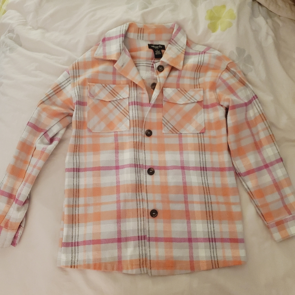 Francesca's Pink Plaid Flannel Shacket Top Small